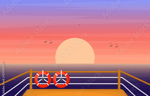 Sunset Sunrise Sea Ocean Landscape View on Cruise Ship Deck Illustration