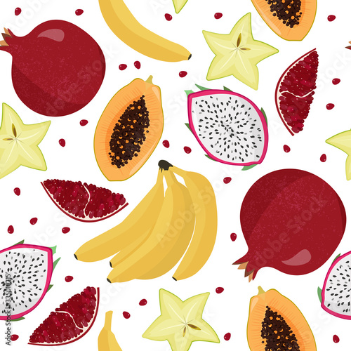 Vector seamless pattern with fruits. Fresh bananas, papaya, carambola and pitahaya background.