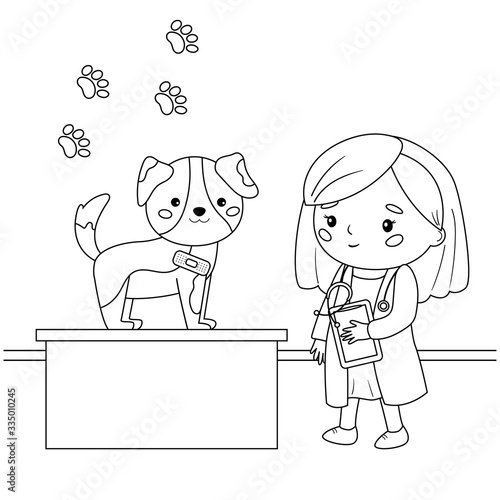 Cartoon kawaii veterinarian and dog with patch bandage. Coloring page for kids. Educational game for preschoolers.