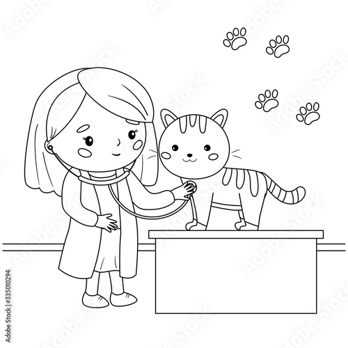 Veterinarian with a stethoscope listens to a cat. Coloring page for children. Cute cartoon kawaii characters. Outline vector illustration.