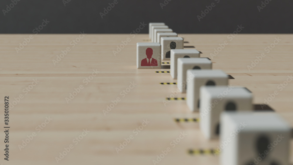 line of cubes symbolizing people keep a distance with one intruder line of cubes symbolizing people keep a distance with one intruder