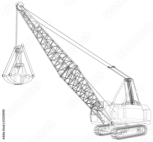 Dragline excavator. Construction equipment isolated vector. Heavy equipment vehicle. The layers of visible and invisible lines are separated. Wire-frame outline.