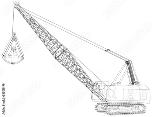 Walking Dragline, Mobile excavating machine used in open-cut mining. The layers of visible and invisible lines are separated. Wire-frame.