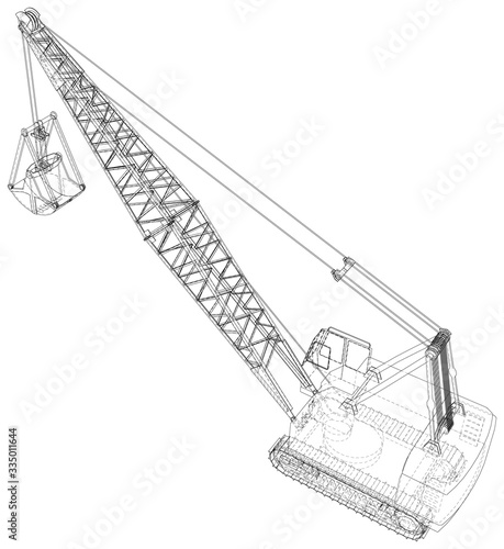 Dragline excavator. Construction equipment isolated vector. Heavy equipment vehicle. The layers of visible and invisible lines are separated. Wire-frame outline.