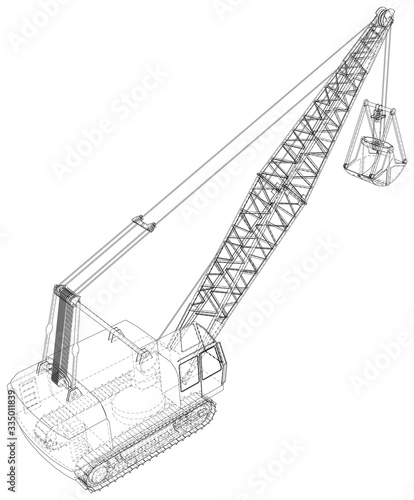 Dragline excavator. Construction equipment isolated vector. Heavy equipment vehicle. The layers of visible and invisible lines are separated. Wire-frame outline.