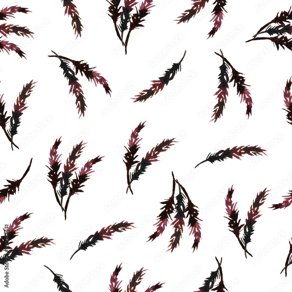 seamless watercolor hand drawn pattern with dark elegant autumn fall ear spikelet and dry leaves natural organic woodland design with wood forest botany in red brown marsala burgungy ochre colors