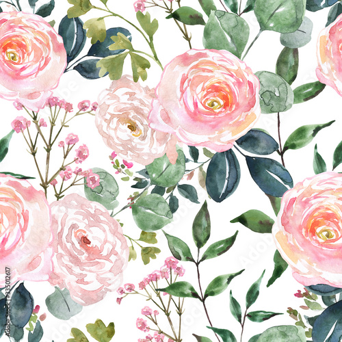 Beautiful blush pink and cream colored flowers and greenery seamless pattern. Watercolor hand drawn floral ornament on white background. Ranunculus, rose flower, sage green eucalyptus and leaf
