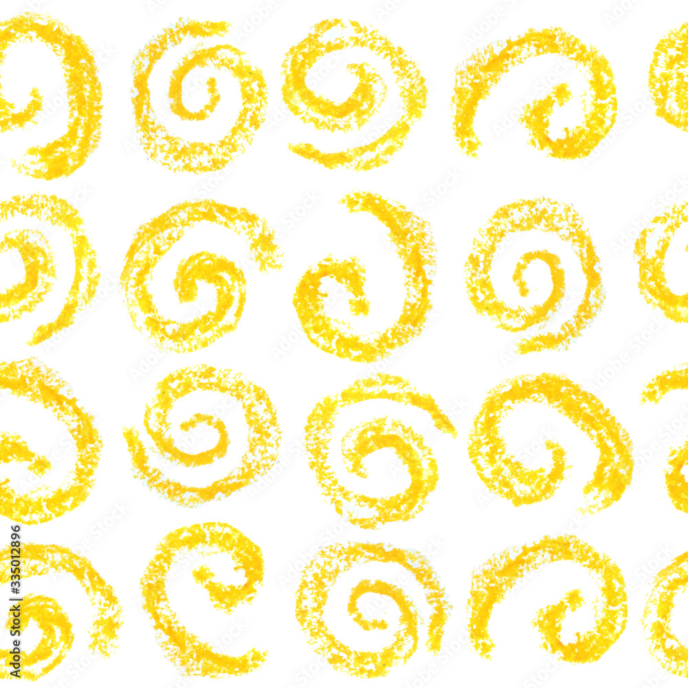 seamless hand drawn oil pastel pattern with textured bright yellow spirals on white isolated background modern geometric shapes vibrant bright design for textile wallpaper fabric in 60s 70s 80s style seamless hand drawn oil pastel pattern with textured bright yellow spirals on white isolated background modern geometric shapes vibrant bright design for textile wallpaper fabric in 60s 70s 80s style