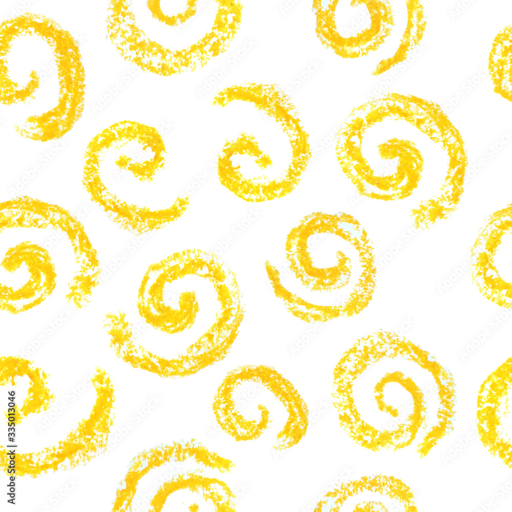 seamless hand drawn oil pastel pattern with textured bright yellow spirals on white isolated background modern geometric shapes vibrant bright design for textile wallpaper fabric in 60s 70s 80s style