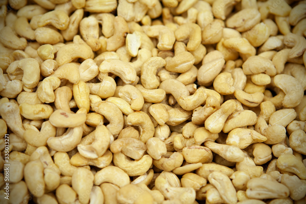 Cashew nuts background. View from above.