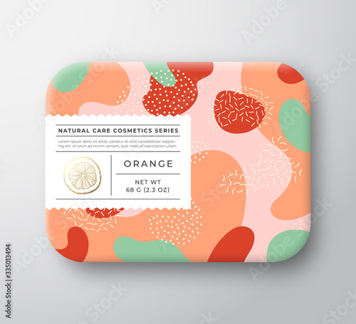 Orange Bath Cosmetics Package Box. Vector Wrapped Paper Container with Care Label Cover. Packaging Design. Modern Typography and Hand Drawn Citrus. Abstract Camo Background Pattern Layout.