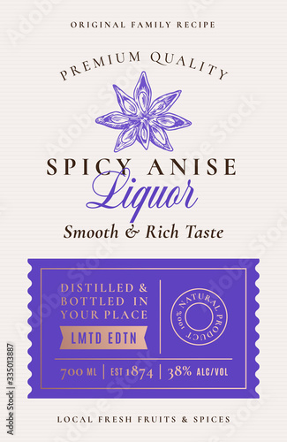 Family Recipe Anise Spice Liquor Acohol Label. Abstract Vector Packaging Design Layout. Modern Typography Banner with Hand Drawn Anise Star Seeds Silhouette Logo and Background.