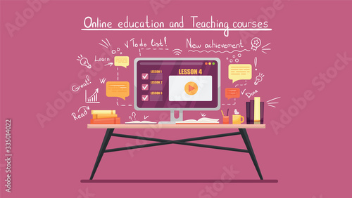 E-learning platform and online courses on a laptop and smartphone. Stay at home concept. Online education and teaching courses at home. Hand drawn icons and signs. Vector flat cartoon illustration