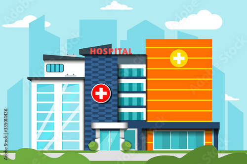 Vector illustration of a medical hospital building. Isolated on city background.