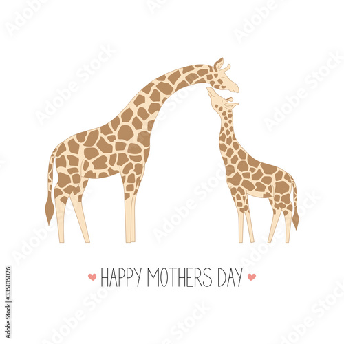 Drawn cute mom giraffe and baby giraffe on white background. Greeting card for mother s day. Vector illustration.