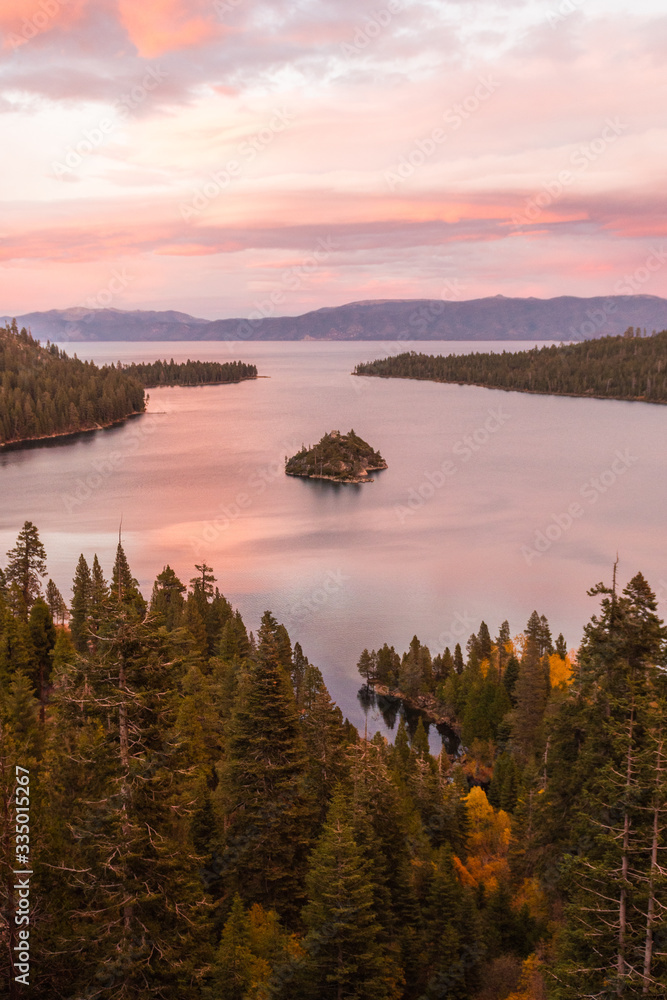 Sunset view over Fannette Island at Emerald Bay in Lake Tahoe