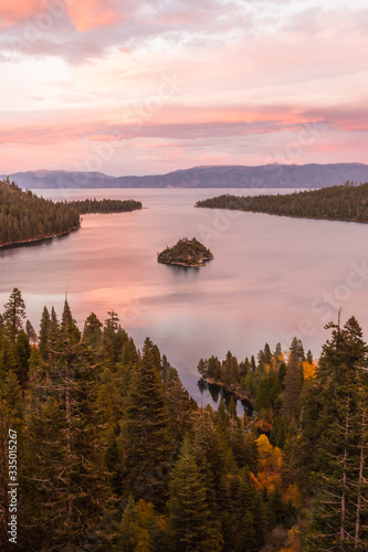 Sunset view over Fannette Island at Emerald Bay in Lake Tahoe
