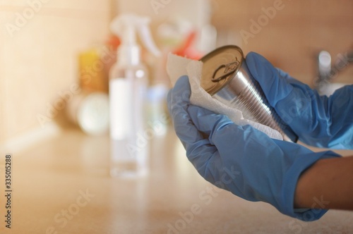 Cleaning products after receiving from shop. Food home delivery photo