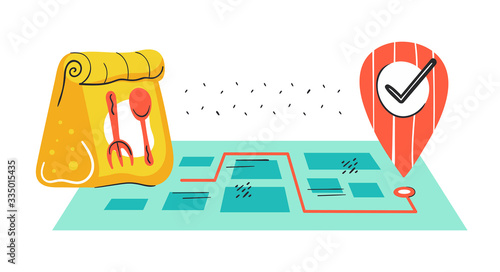 Safe food delivery. Package of food. Fast service. Geolocation, map. Coronavirus pandemic self isolation, health care, protection. Flat colourful vector illustration, art isolated on white background.