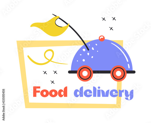 Fast food delivery. Fast shop service. Driving tray with yellow flag. Coronavirus pandemic self isolation, protection. Flat colourful vector illustration, art isolated on white background.