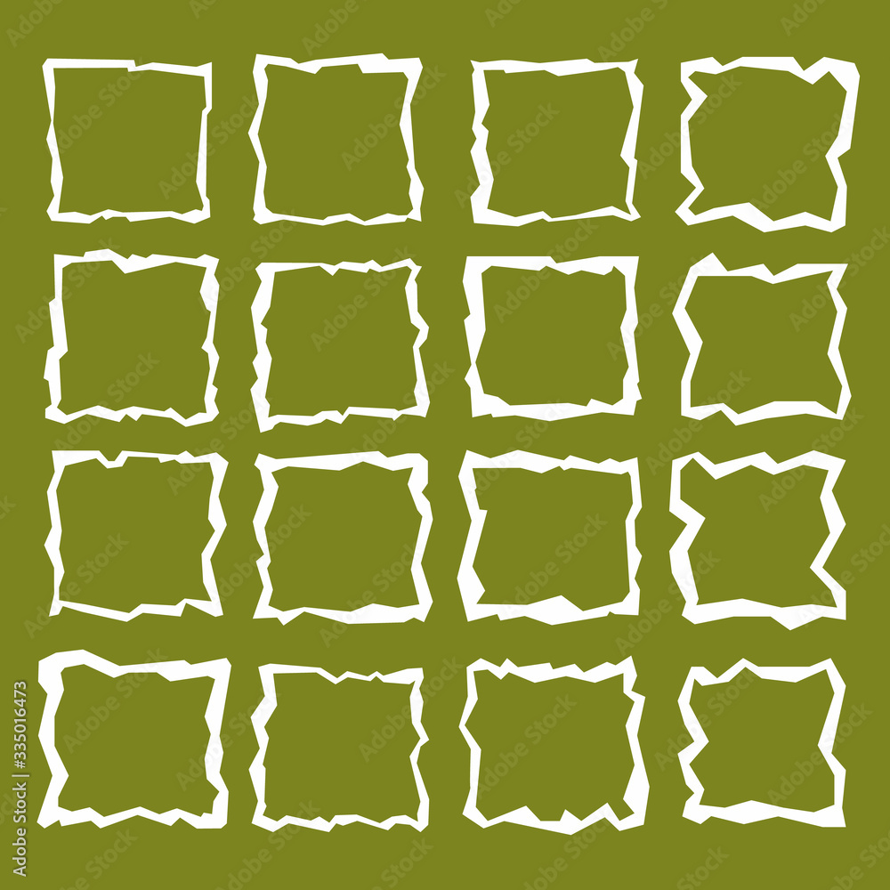 Square window frame. Irregular broken line. White on green background. Kinks, warped square frames. Primitive flat style, cut out of paper. Different types of bends. Brutal design