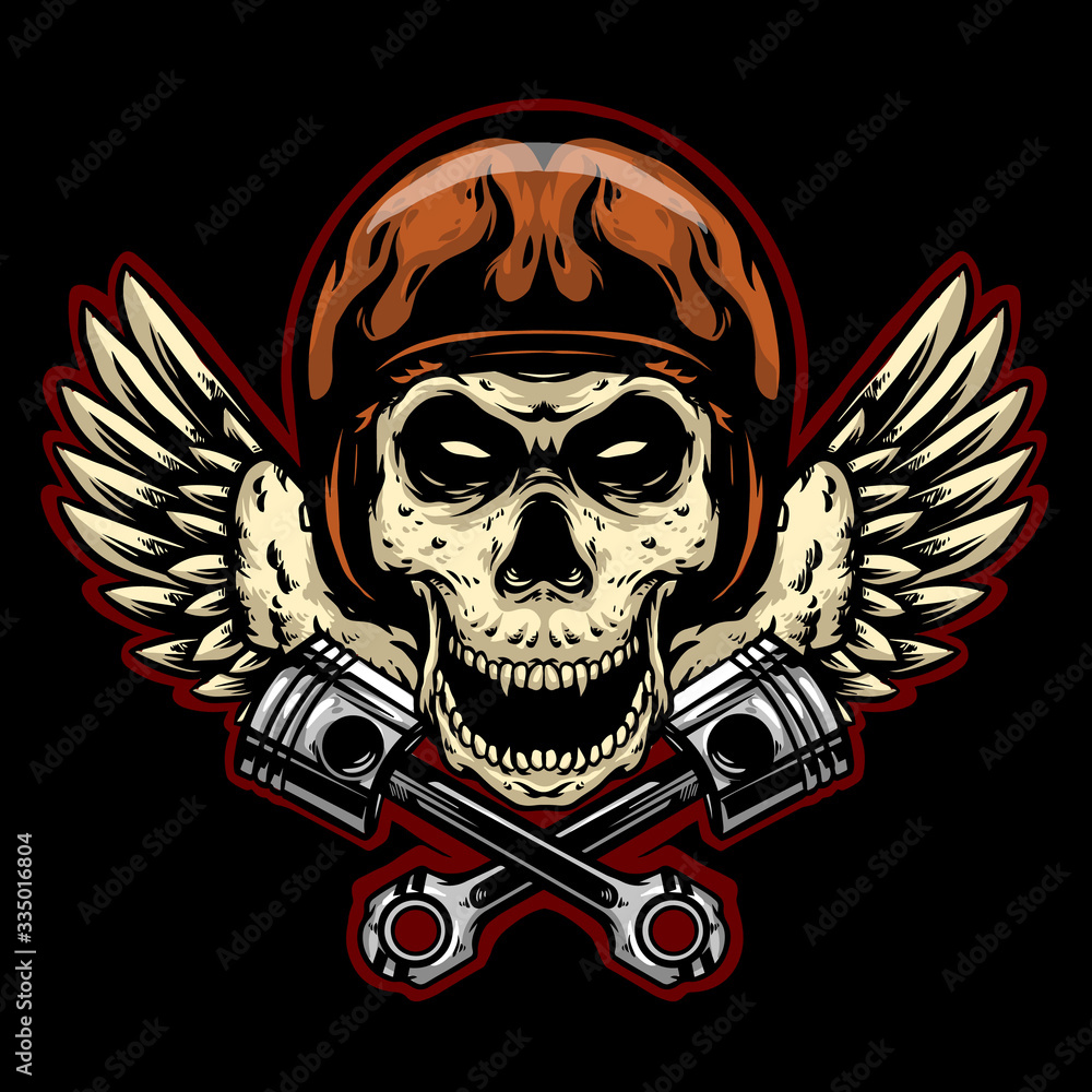 Fototapeta premium skull helmet with piston and wing club logo mascot design