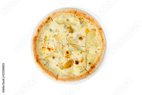 Pizza with cheese and pear on a plate white isolated background. Top view