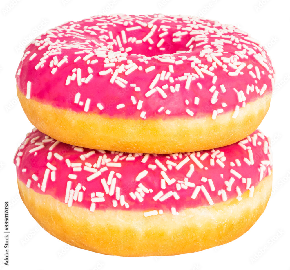 Pink donut with colorful sprinkles isolated on white background Pink donut with colorful sprinkles isolated on white background