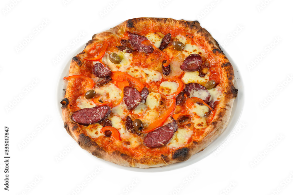 Meat pizza with tomatoes, cheese and basil on white isolated background