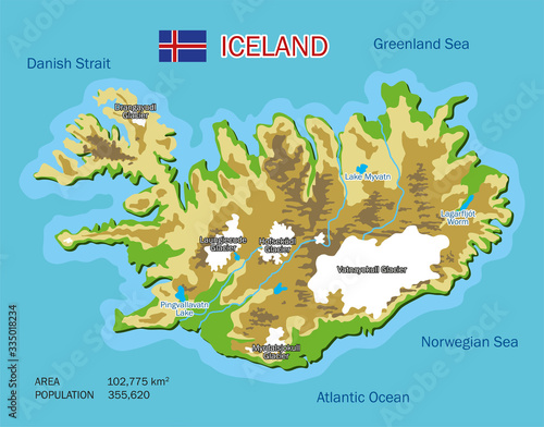 Iceland vector map. Travel illustration with rivers, lakes, glaciers, seas and oceans. Marks with the main tourist attractions