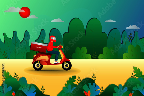 A man driving a scooter to deliver the goods to customer in green garden background.