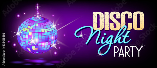 Disco party vector poster template with sparkles and glitter, glow light effect