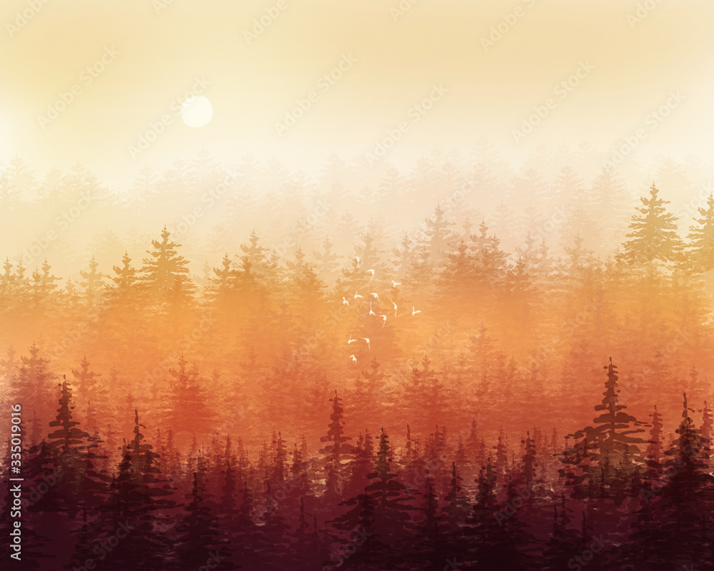 Beautiful illustration of foggy coniferous forest on a sunny day. Horizontal forest landscape with green colors