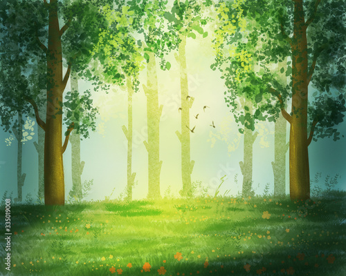 Illustration of wild forest landscapes on a summer sunny day. Beautiful forest clearing with green grass and flowers.
