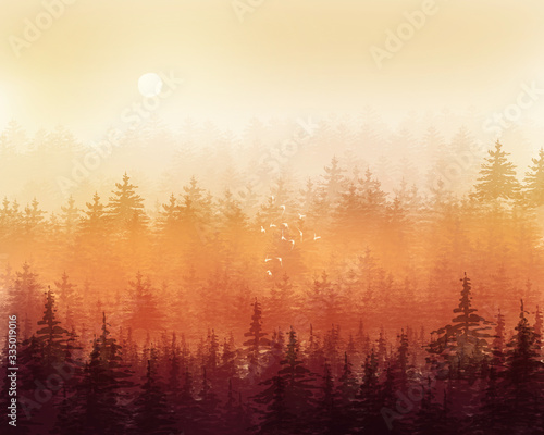 Beautiful illustration of foggy coniferous forest on a sunny day. Horizontal forest landscape with green colors