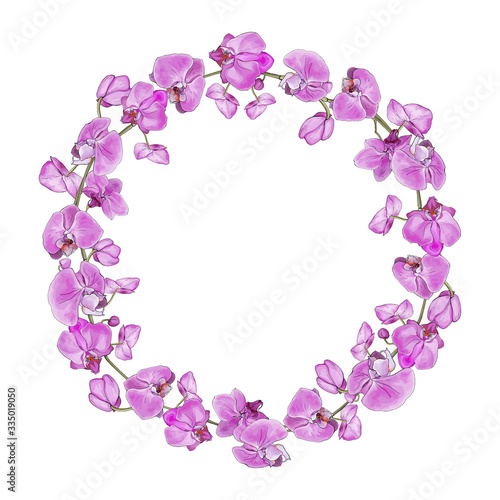Floral round frame of exotic pink flowers orchid. Isolated on a white background. Place for text. Hand drawn. Wreath for your design, greeting cards, invitation. Vector stock illustration.