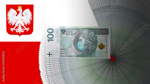 National Emblem of the Republic of Poland on Polish white-red flag and 100 zlotych with corona virus protection mask on Wladyslaw Jagielo face. Polish government reprinting banknotes to stop recession