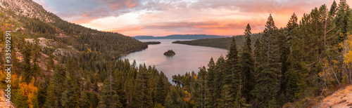Panoramic sunset view over Fannette Island at Emerald Bay in Lake Tahoe