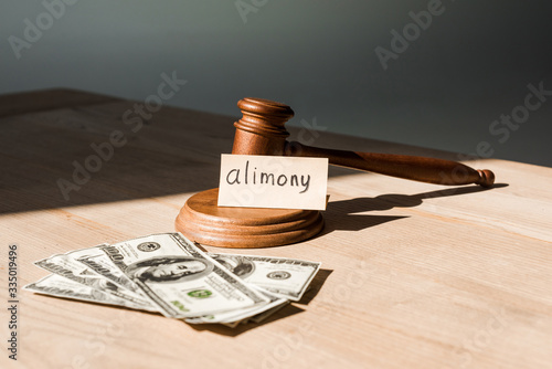 gavel near dollar banknotes and paper with alimony lettering on table photo