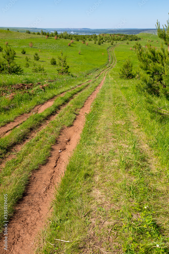 country road on hills overgrown with grass and sparse small trees country road on hills overgrown with grass and sparse small trees