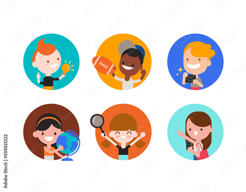 kids character with various objects in flat design style isolated. Diversity children portrait with their hobbies. Vector cartoon illustration. kids character with various objects in flat design style isolated. Diversity children portrait with their hobbies. Vector cartoon illustration.