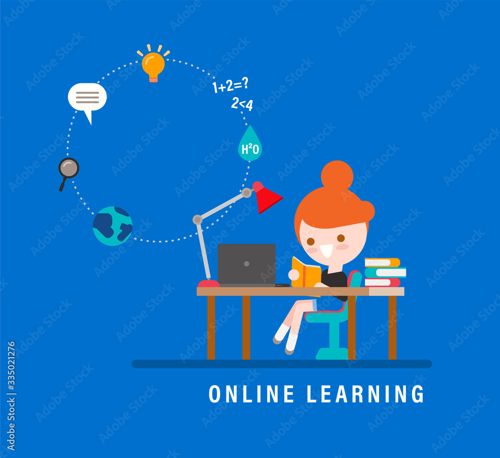 Online learning. E-learning concept for distance education. Smiling girl  reading book on her desk. Vector cartoon character in flat design style  illustration. Stock Vector | Adobe Stock