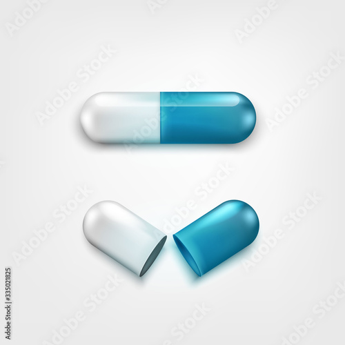 Two capsule pills white and blue color isolated on white background. One open and close. Background for pharmacy shop or drugstore. Element of vector design for medical or pharmaceutics concept