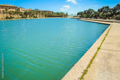 Parc de la mar with its blue pool located in the capital Palma de Mallorca, Spain