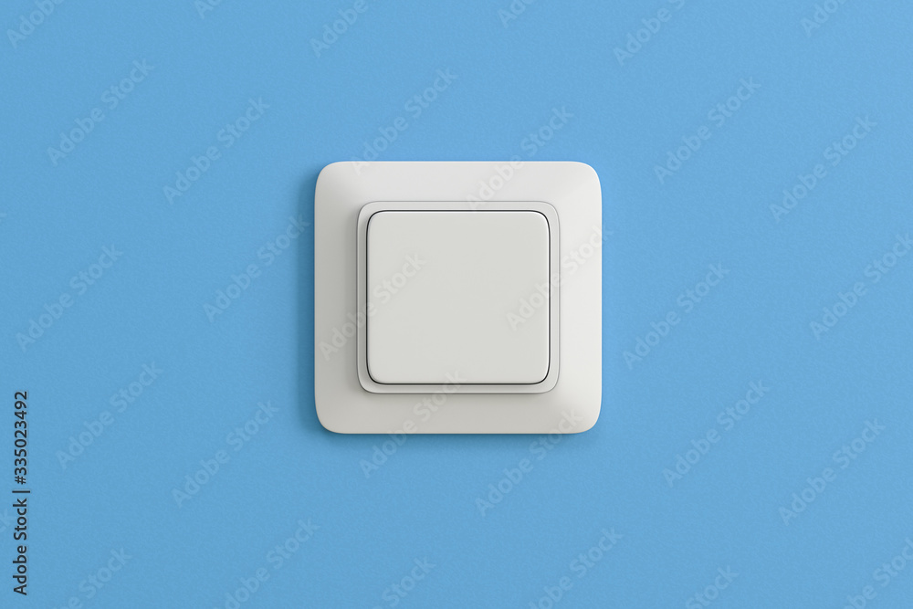 Electric switch. Square white plastic switch on blue wall Electric switch. Square white plastic switch on blue wall