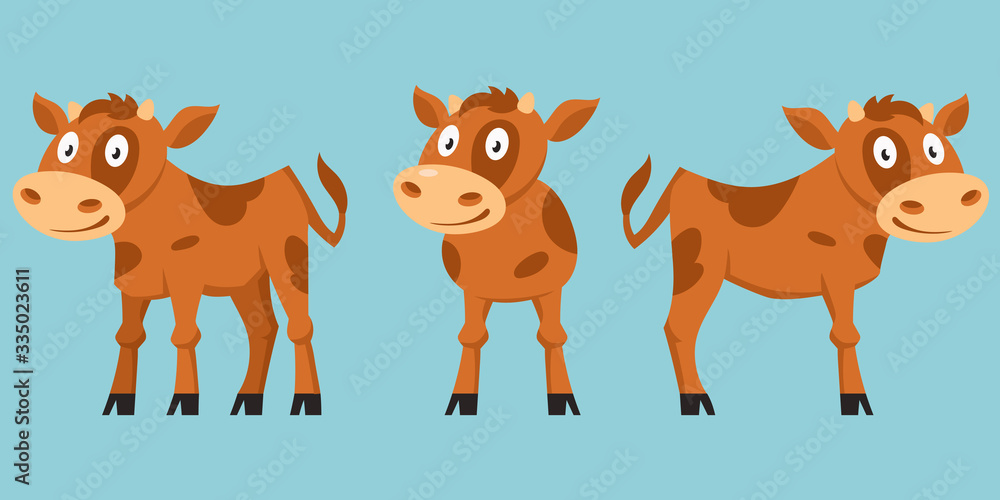 Set of calves in different poses. Farm animals in cartoon style. Set of calves in different poses. Farm animals in cartoon style.