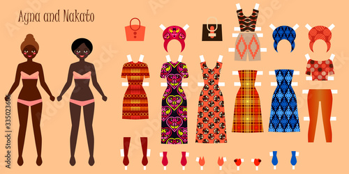 Two girls with clothes that can be changed. Africa. The dolls are ready to cut and play. Vector illustration.