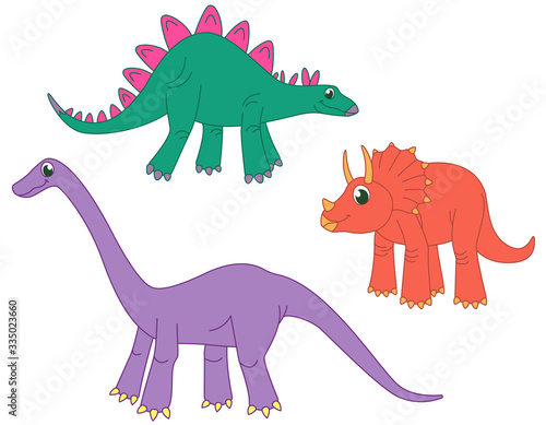 Set of herbivorous dinosaurs. Stegosaurus, triceratops and diplodocus in funny cartoon style.