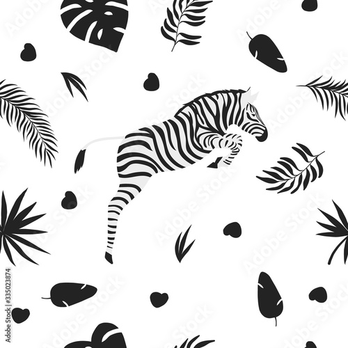 Illustration of a seamless black and white pattern with a zebra on a white background.