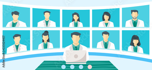 Global Doctor Emergency Medical Crisis TV Video Web Conference Teleconference. Surgeon Specialist Expert Nurse Assistant Online Virtual Meetings. Hospital Team Remote Work During COVID-19 Pandemic